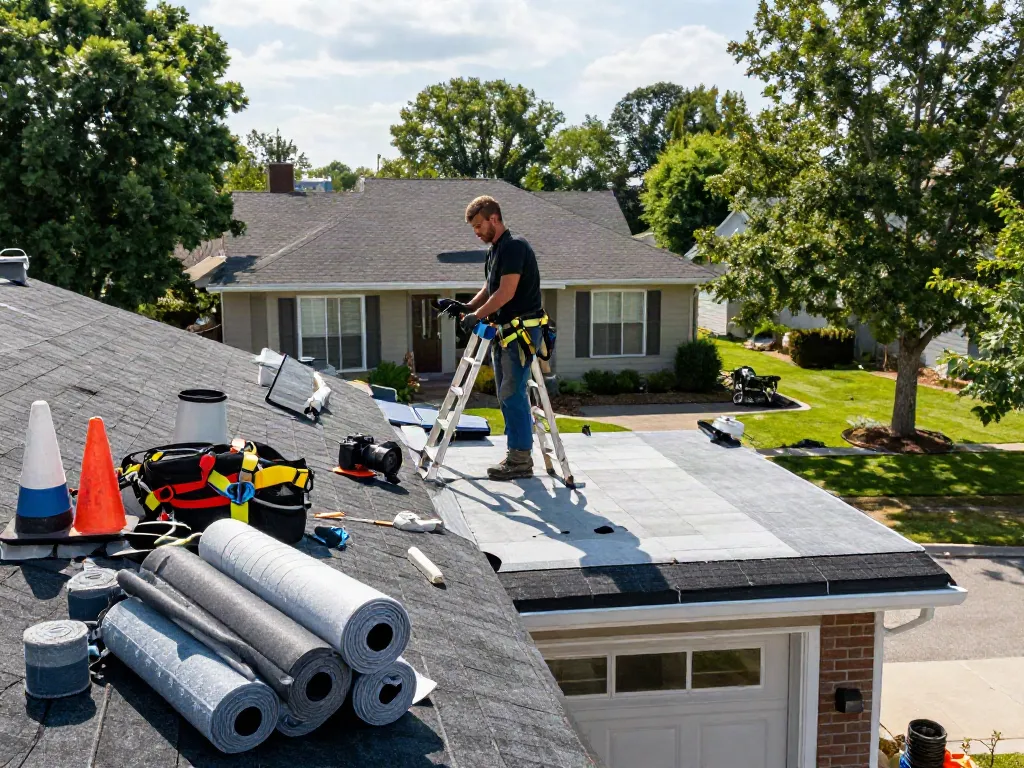 Felt roof replacement project in a suburban neighborhood with a skilled roofer at work.