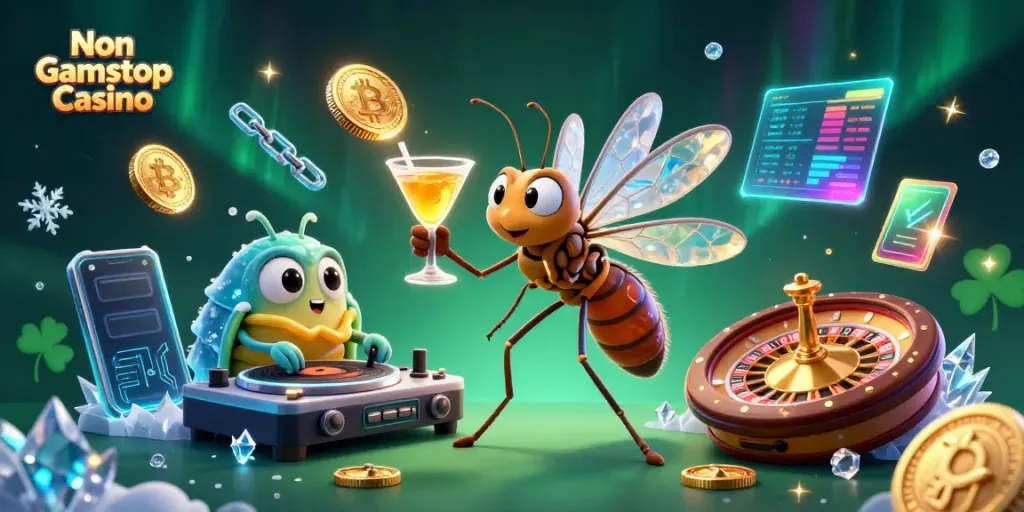 Engage with Non Gamstop Casino through a lively 3D illustration of unique characters and vibrant gaming elements.