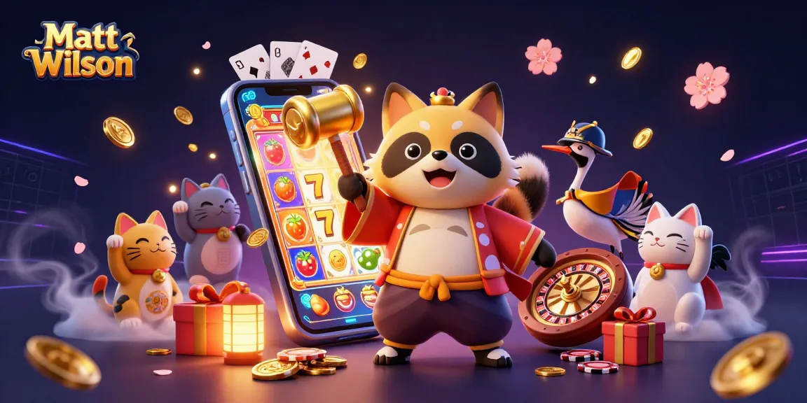 Matt Wilson showcases vibrant casino elements with a playful tanuki and fortune cats in colorful digital illustration.