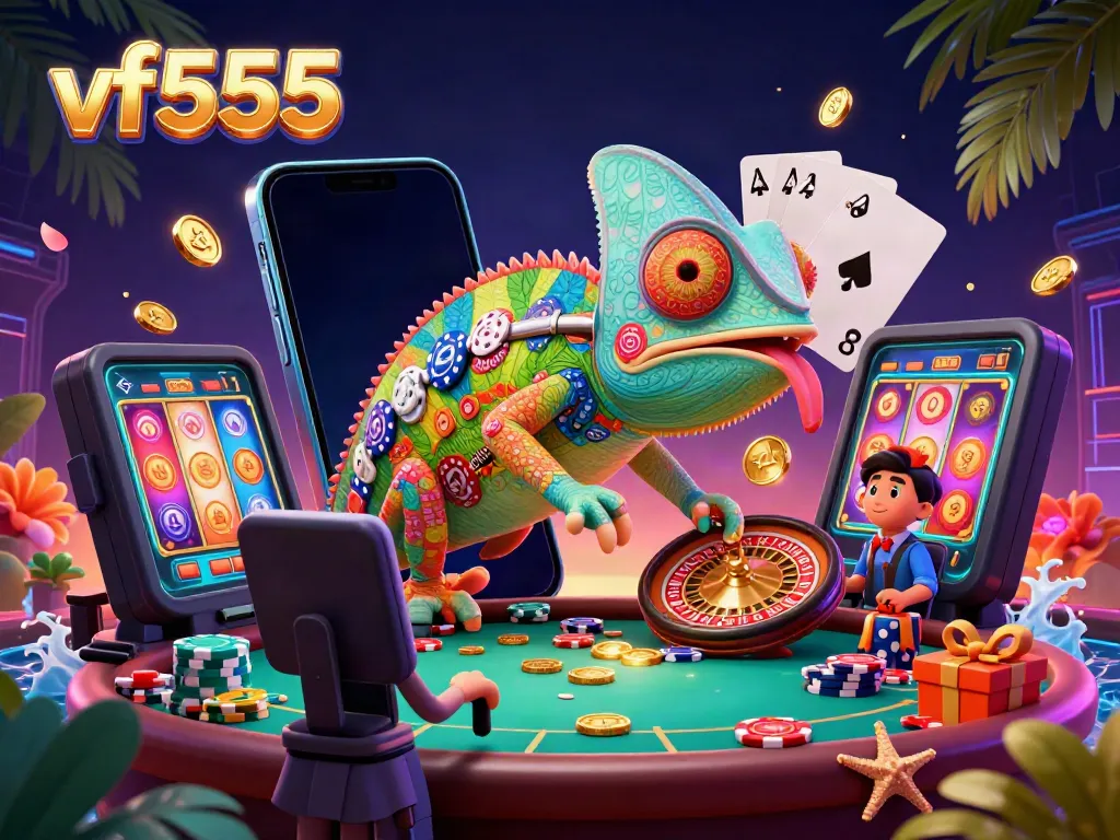 Engage in vibrant casino excitement with vf555's colorful chameleon owner and dynamic game elements.