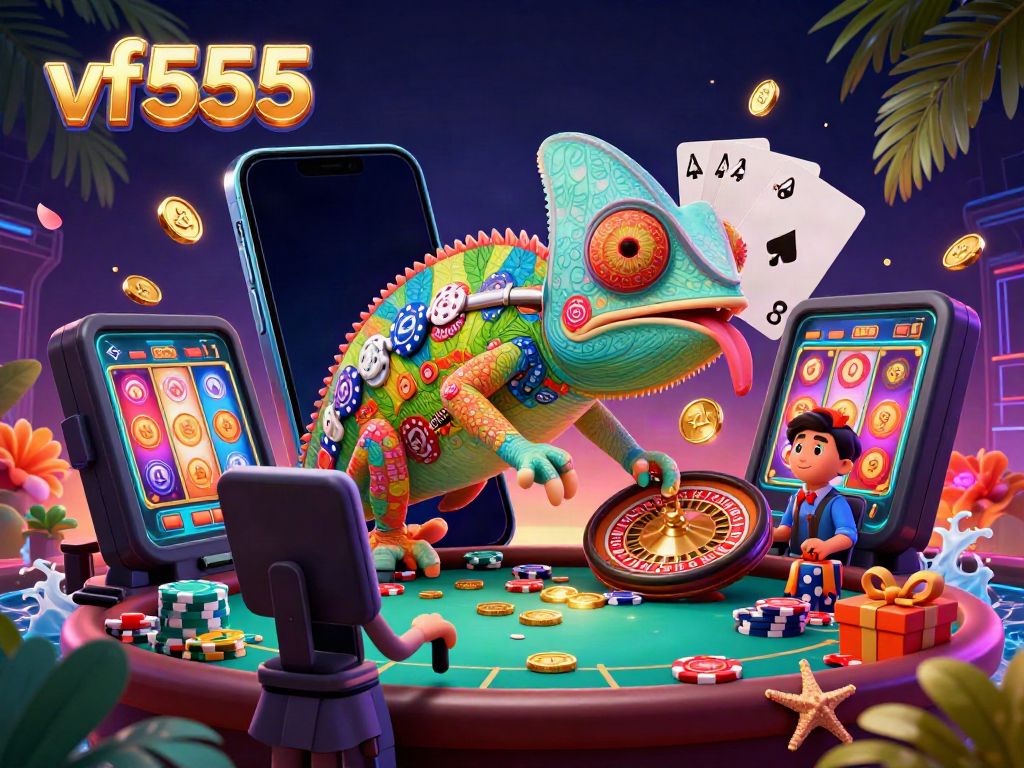 Engage in vibrant casino excitement with vf555's colorful chameleon owner and dynamic game elements.
