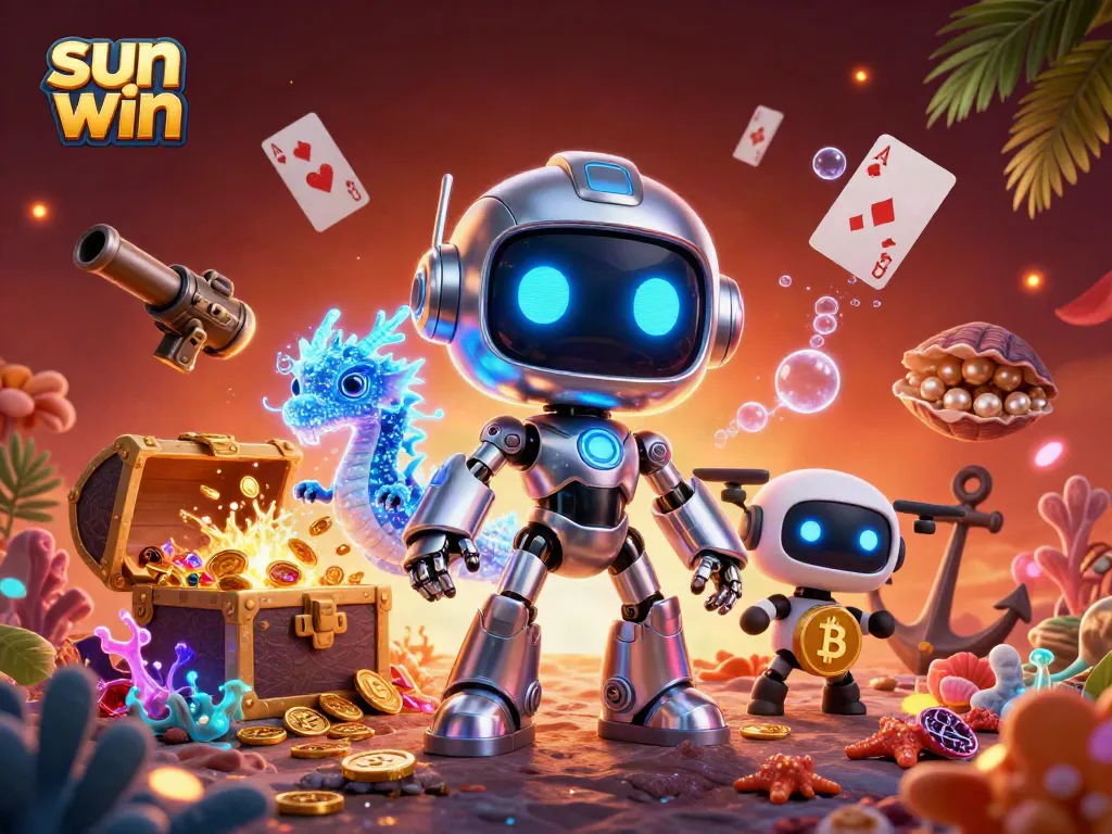 Play and win with sun win in a vibrant digital casino scene featuring treasure, robots, and gaming elements.