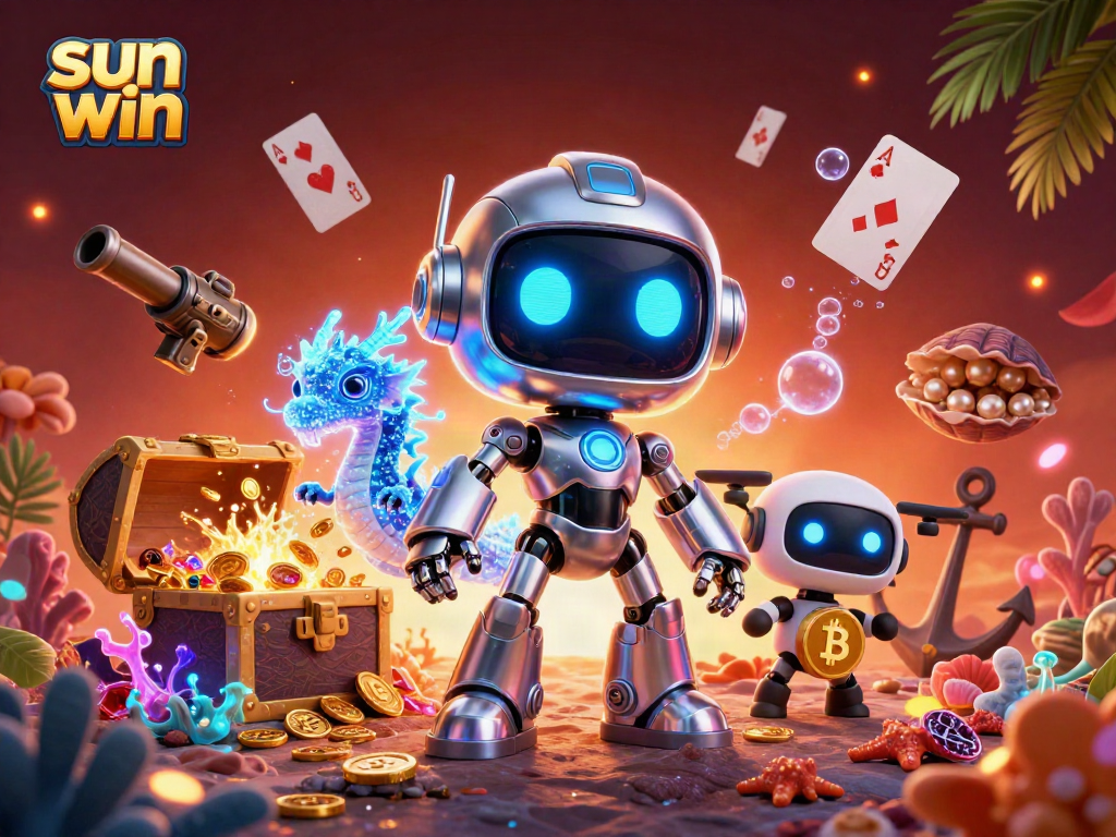 Play and win with sun win in a vibrant digital casino scene featuring treasure, robots, and gaming elements.
