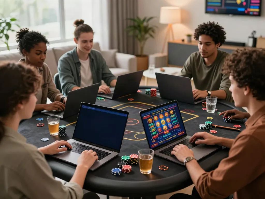 Players enjoying new casinos not on GamStop in a cozy social setting with laptops and games.