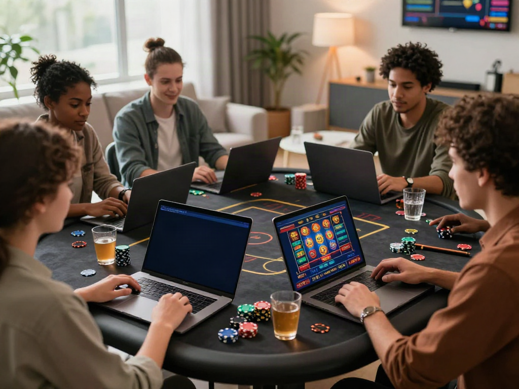 Players enjoying new casinos not on GamStop in a cozy social setting with laptops and games.