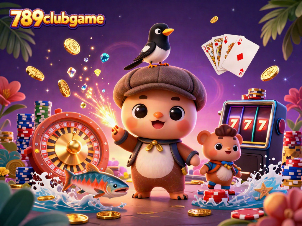 Engage with 789clubgame through a lively casino scene featuring charming characters and dynamic gaming elements.