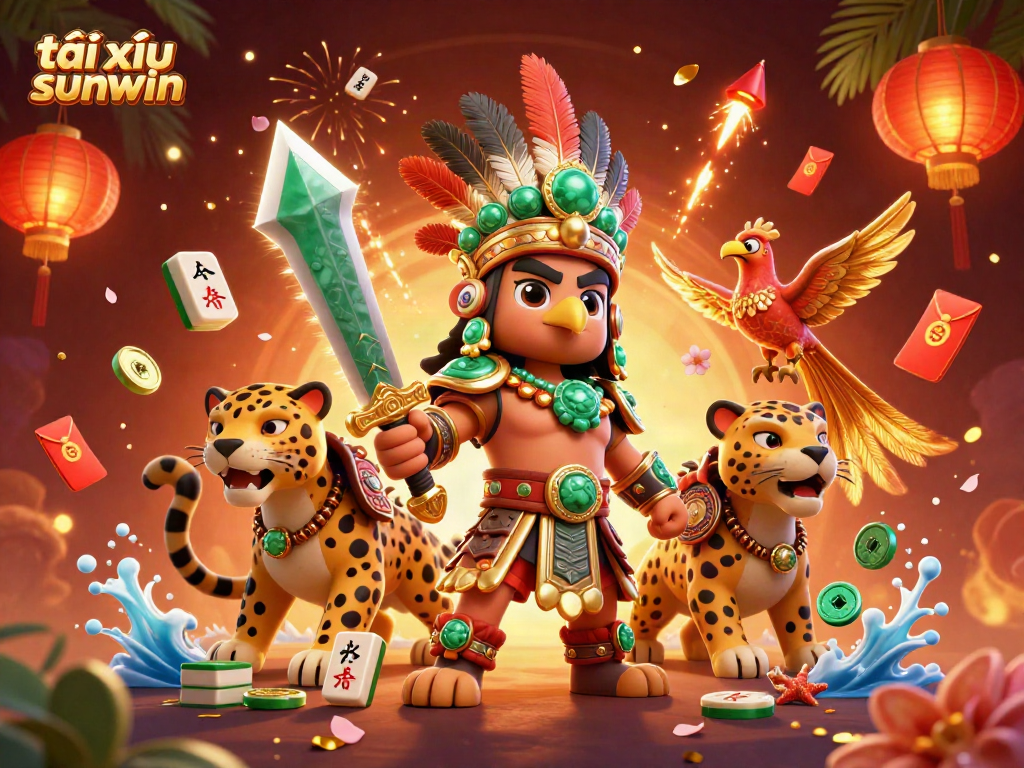 Engaging artwork for tài xỉu sunwin showing Aztec warriors amidst vibrant casino elements.