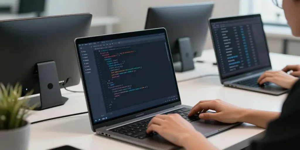 Cheap .co.uk renewal pricing visible on multiple screens in a modern tech workspace.
