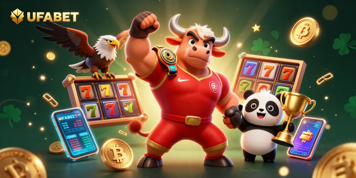 Spin and win at UFABET with a dynamic casino scene featuring a victorious bull mascot, eagle champion, and joyful panda.
