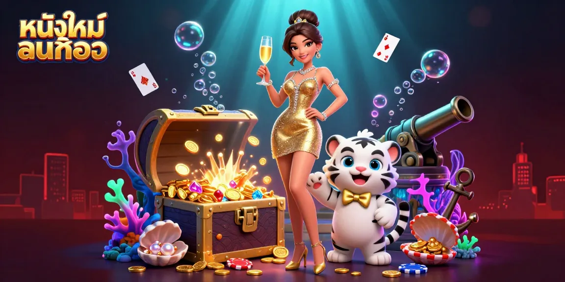 Using หนังใหม่ชนโรง visuals, a glamorous woman and lucky tiger feature in a vibrant casino scene.