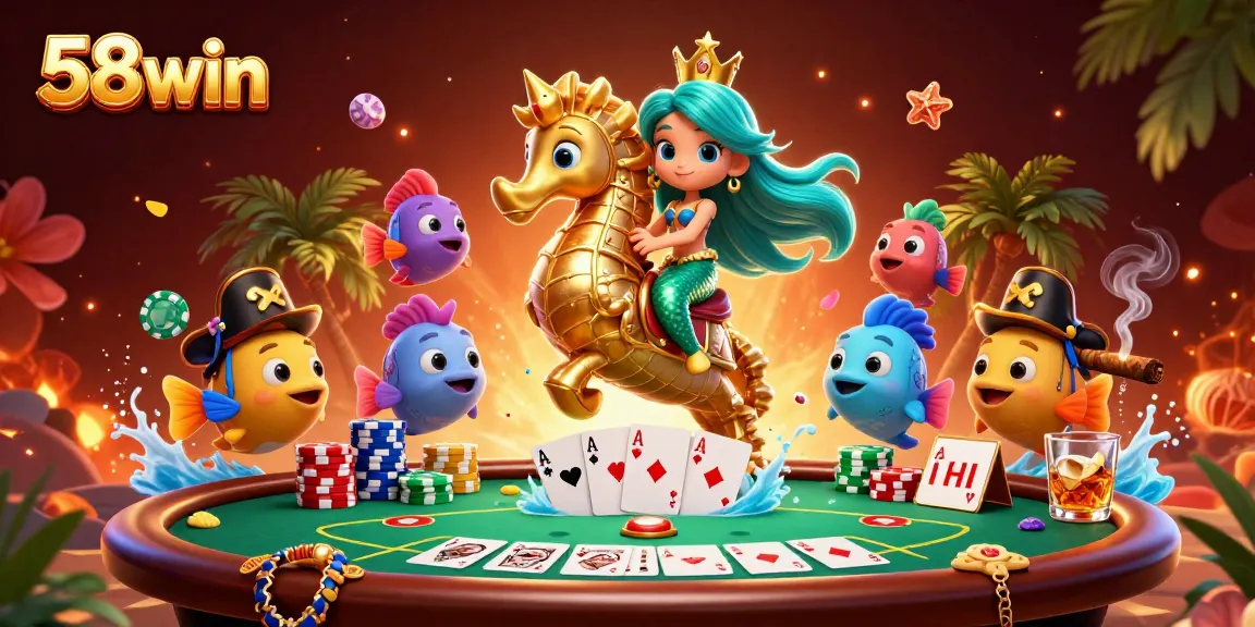 Experience the vibrant 58win casino world with a mermaid princess and her seahorse companion.