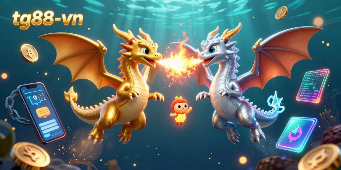 Engage with tg88-vn's vibrant 3D casino scene showcasing dragons, crypto elements, and dynamic gaming action.