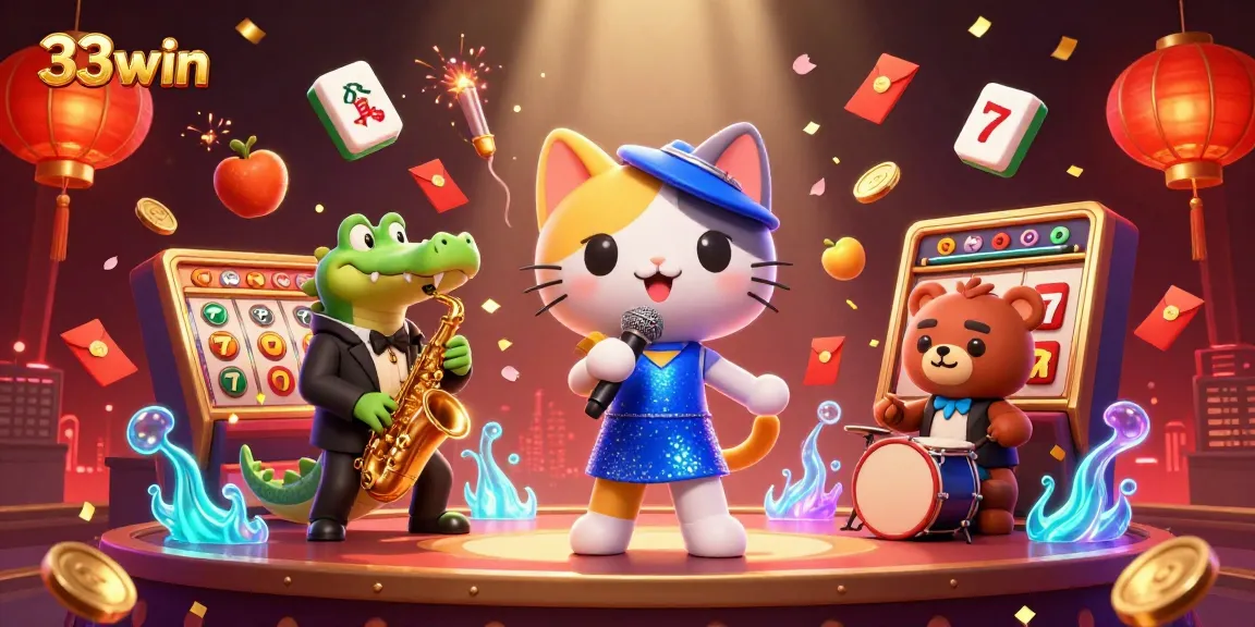 33win interactive casino scene with a singing cat, saxophone crocodile, and drumming bear amidst slots and festive elements
