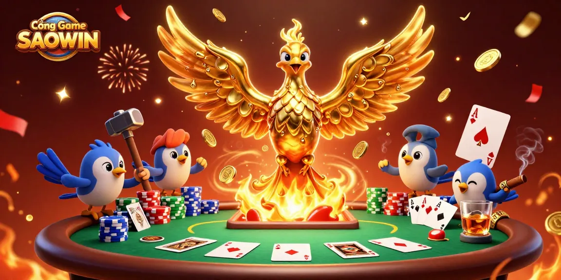 Experience excitement at Cổng Game SAOWIN with dazzling golden phoenix and poker action.