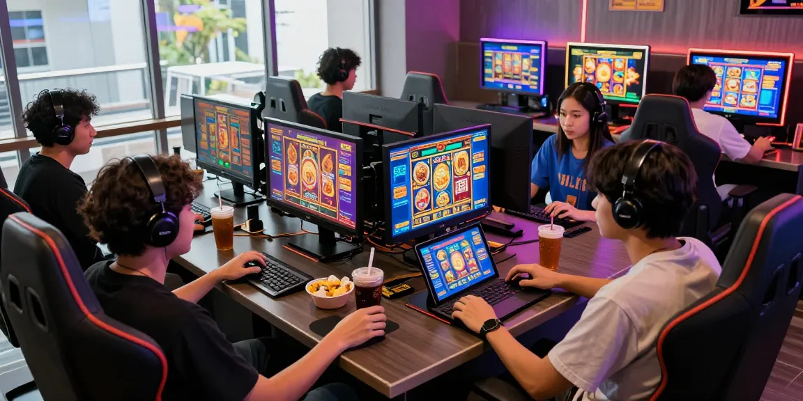 situs slot deposit 10 ribu players enjoying online gaming in vibrant setting with engaging visuals and snacks