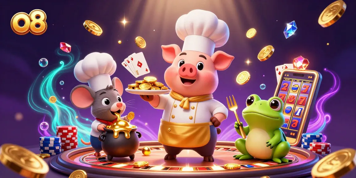 Experience the thrill of O8 with a 3D cartoon scene filled with gold coins and dynamic casino action.