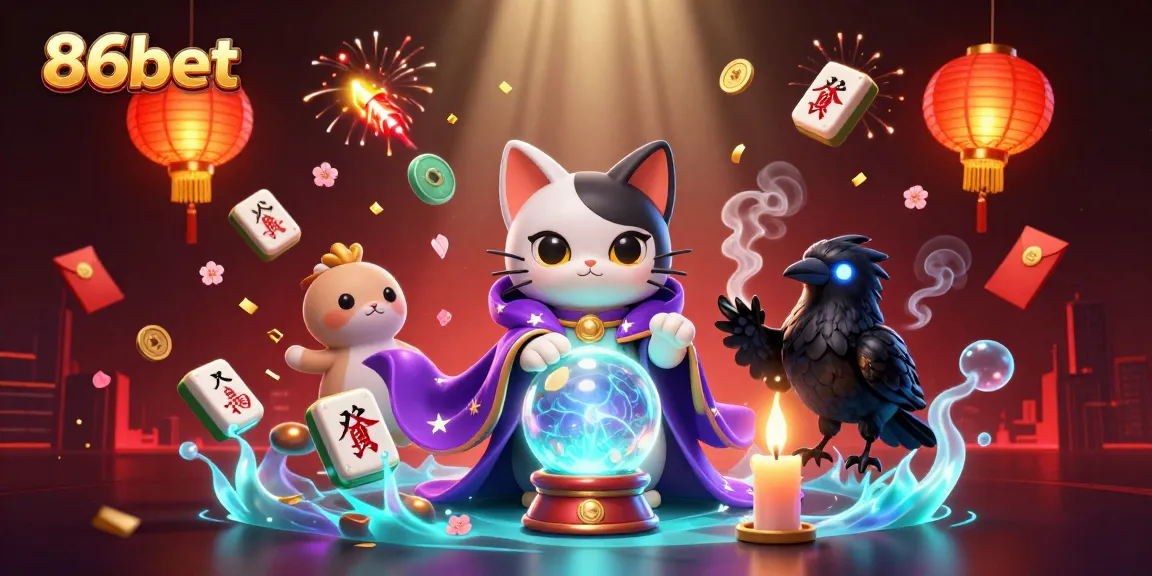 Witness the enchanting magic of 86bet through a vibrant casino scene featuring a mystical fortune teller and tarot raven.