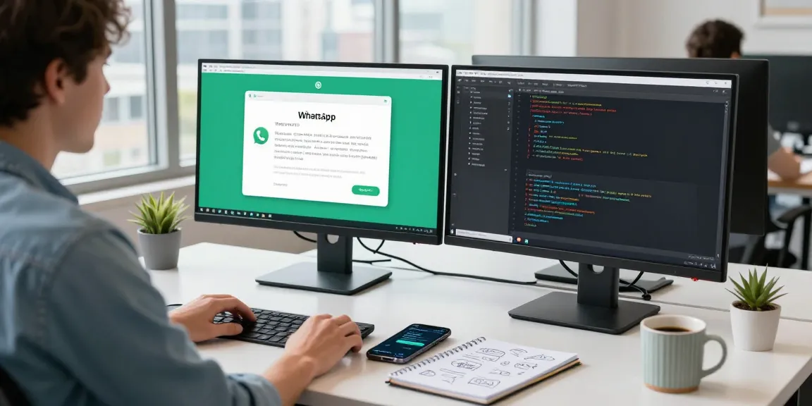 WhatsApp下載 on modern tech workspace with dual monitors, smartphone, and notes.
