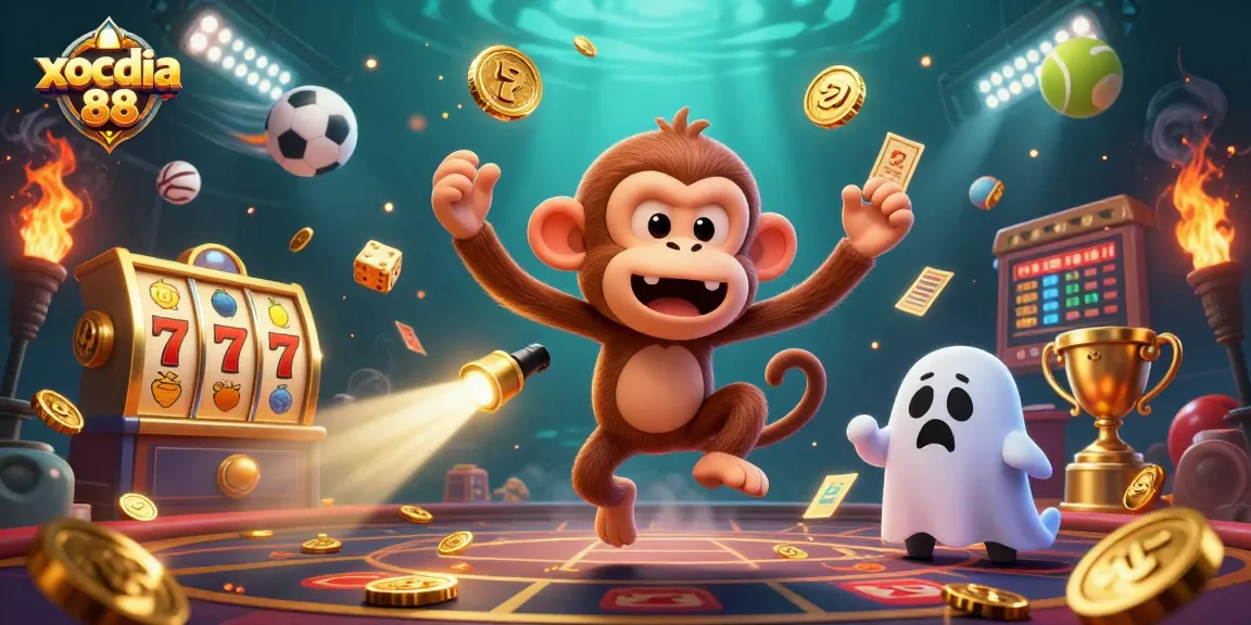Xocdia 88 showcases lively gambling action with a playful ghost-hunter puppy and golden objects in a haunted casino scene.