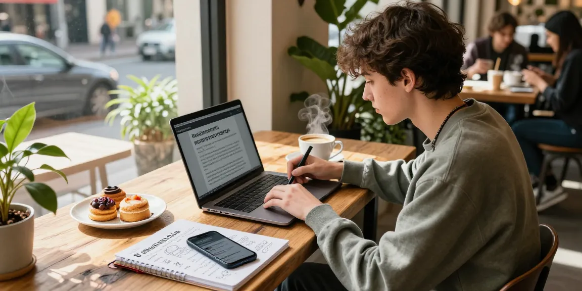 Influencer writing about nsfw content in a cozy café, laptop open with digital content warnings