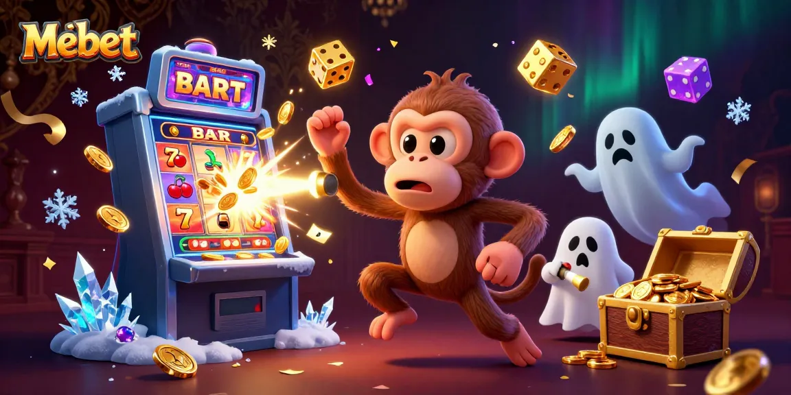 Mebet showcases a ghost-hunter puppy tracking a playful poltergeist monkey in a vibrant casino scene filled with gaming elements.