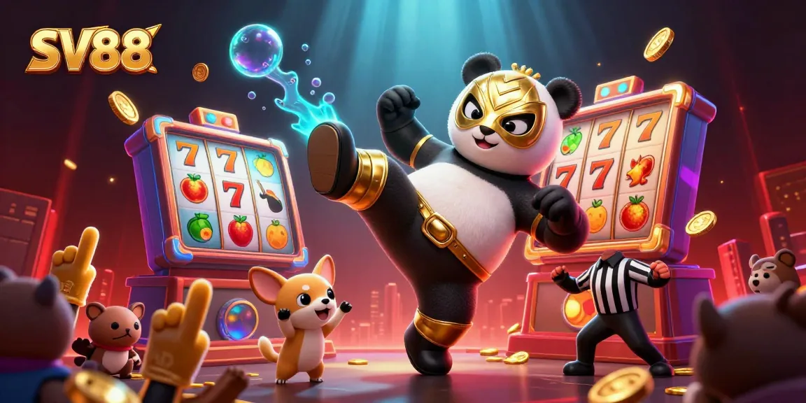 SV88's lively casino scene features a panda wrestler flying kick amid slot reels, jackpots, and cheering spectators.