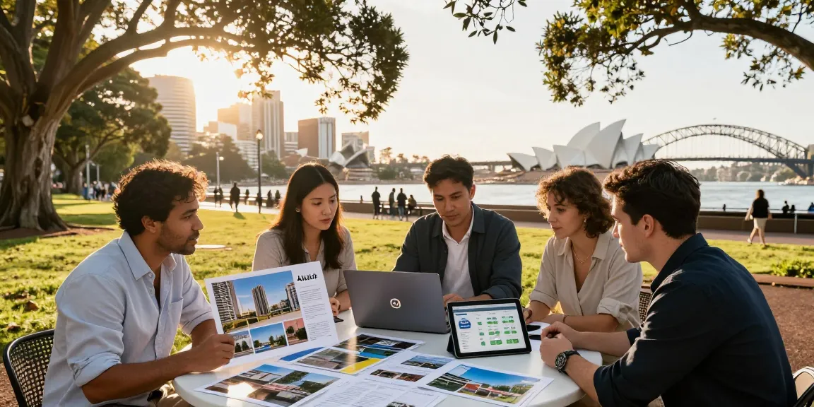Engaged Airbnb management team in Sydney reviewing property strategies with attractive city backdrop.
