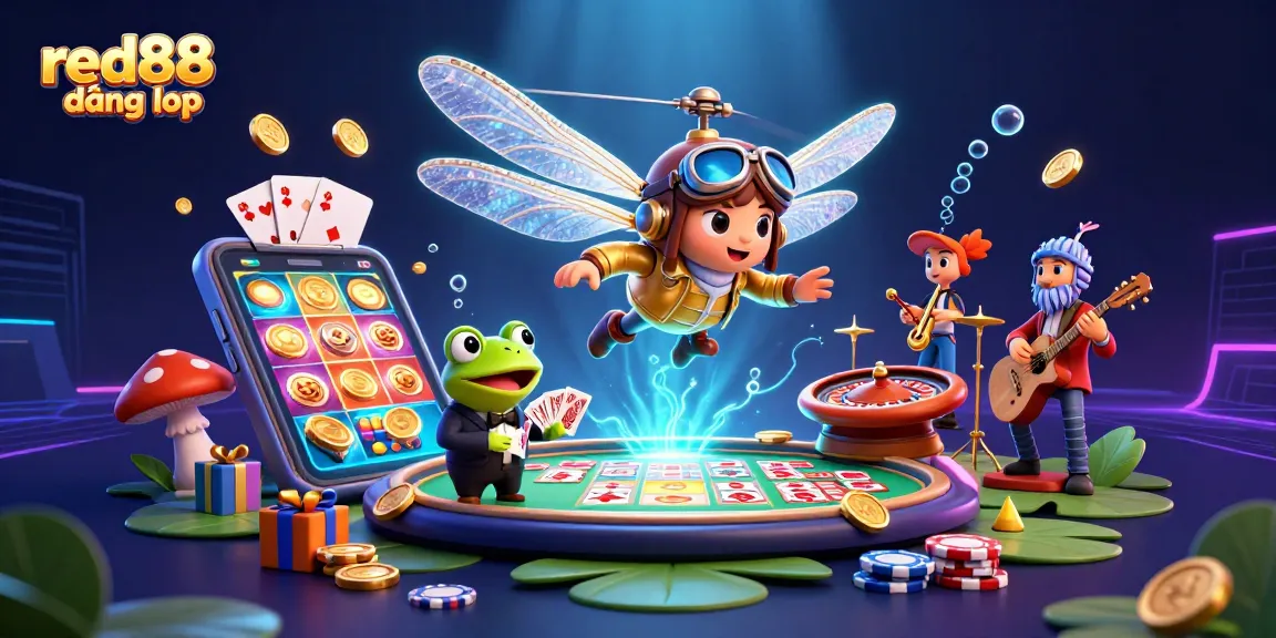 Experience red88 đăng nhập at a vibrant lily pad casino with a dragonfly pilot and frog croupier.