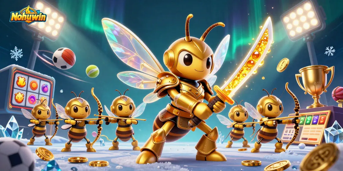 Nohuwin showcases a colorful 3D gaming scene with dynamic action, golden elements, and engaging characters.