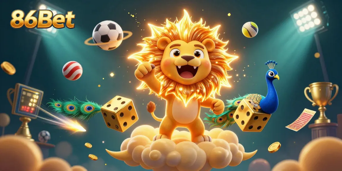 Spin to win at 86Bet with a vibrant scene of casino elements and sports excitement.