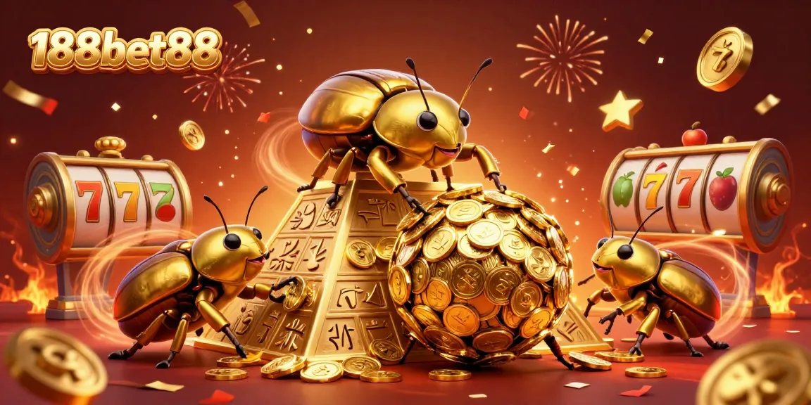 Engage with 188bet88's vibrant casino world, showcasing golden beetles and slot reels amidst rich, festive elements.