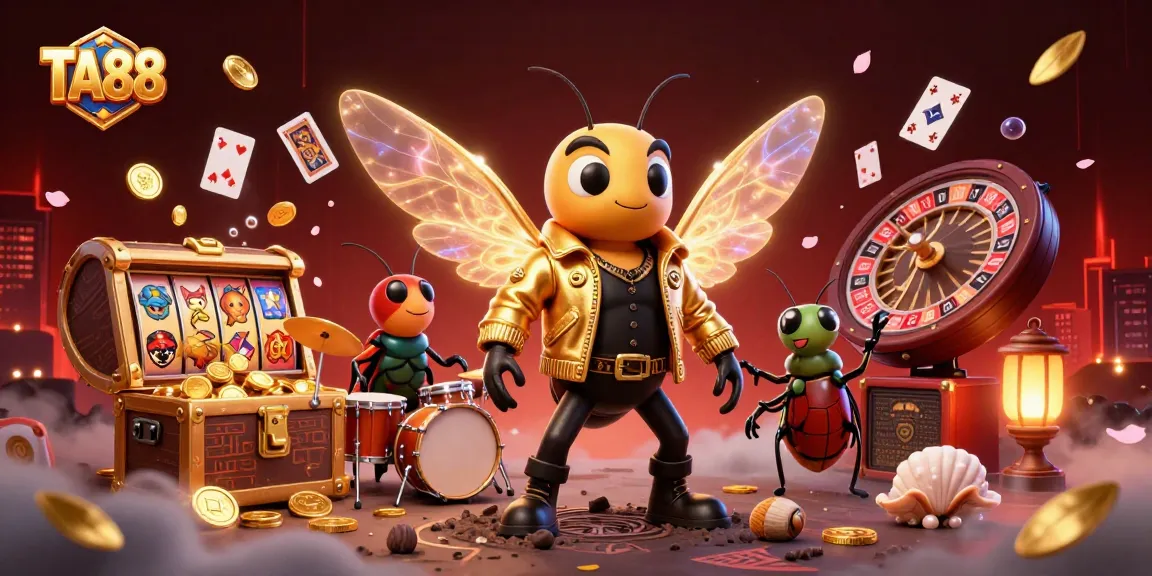 TA88 casino scene showcasing a vibrant cicada rock star, beetle drummer, and lively gaming elements.