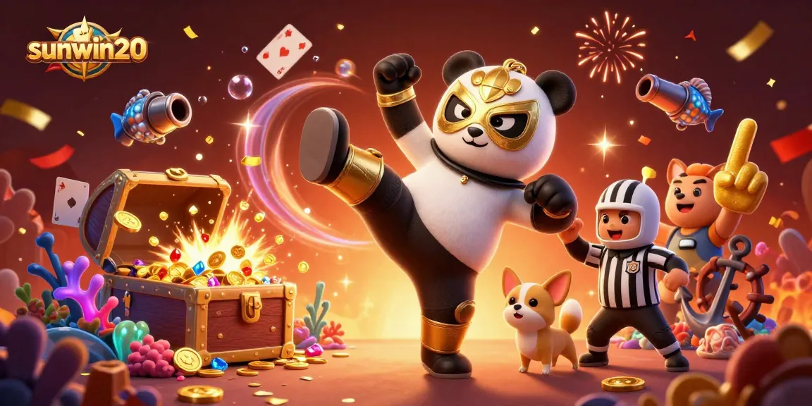 Experience thrilling action with sunwin20 as a panda wrestler kicks while surrounded by colorful casino elements.