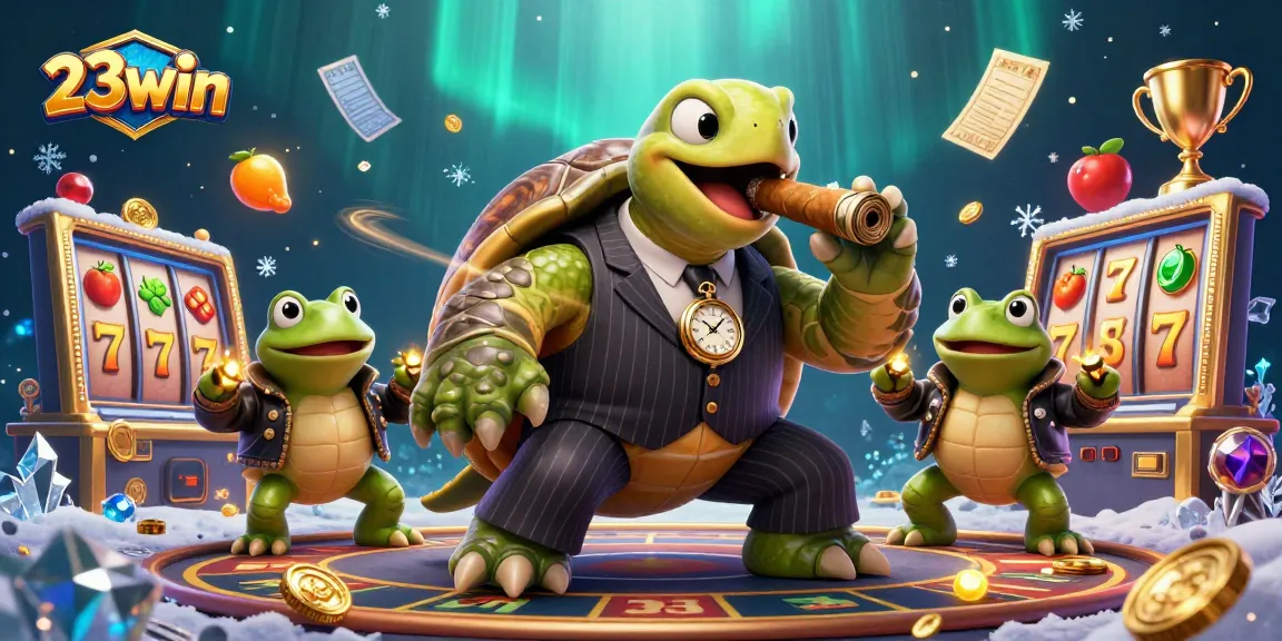 Winning at 23win: A vibrant casino scene featuring a turtle and bullfrogs engaging in slot game excitement.