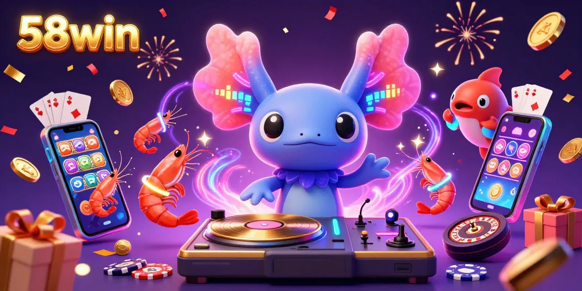 Experience the excitement of 58win's vibrant casino scene featuring a DJ axolotl and festive game elements.