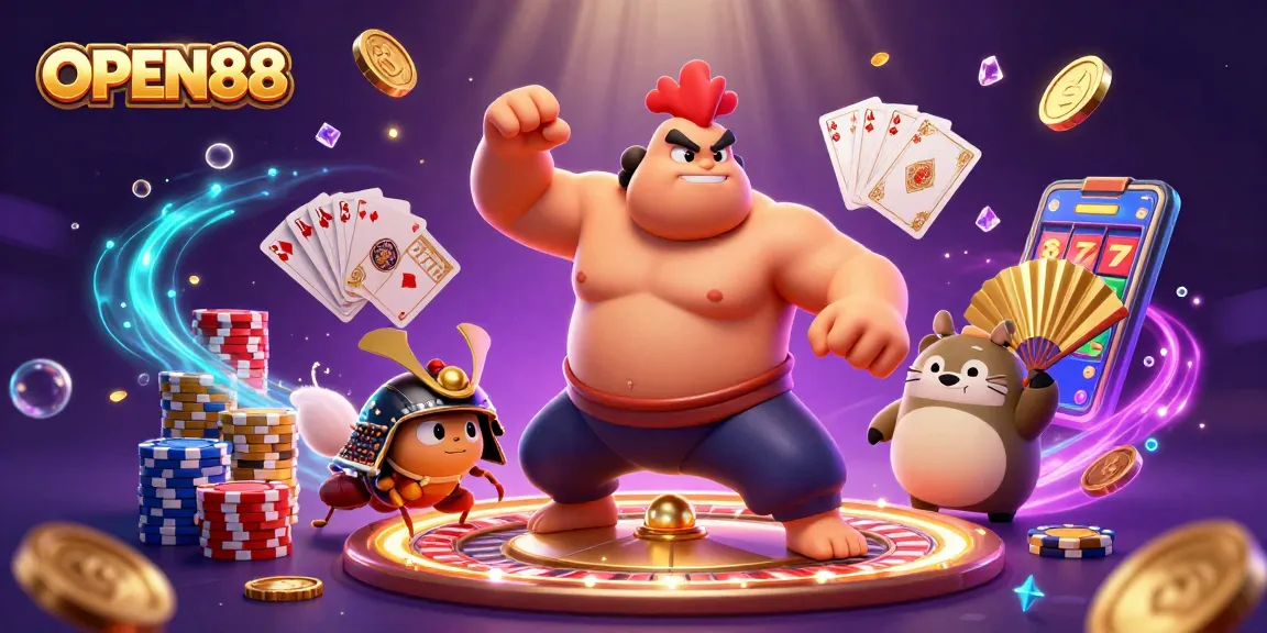 Open88 showcases a vibrant gaming scene with characters amidst cascading coins and dazzling gems.