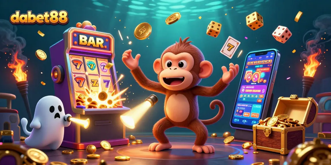 Dabet88 showcases a playful poltergeist monkey juggling casino symbols in a vibrant gaming scene.