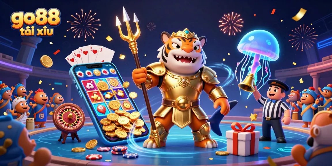 Engage in the thrilling go88 tài xỉu experience, featuring a tiger shark amidst a vibrant underwater casino.