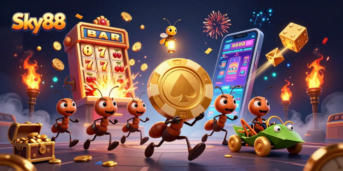 Sky88 heist scene with cartoon ants, jackpots, and casino elements depicting excitement.