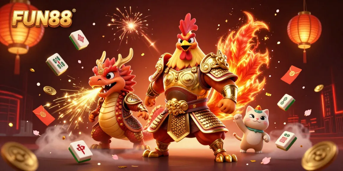 Experience the excitement of FUN88 with a dynamic 3D illustration featuring a rooster warrior, dragon hatchling, and lucky cat mascot.