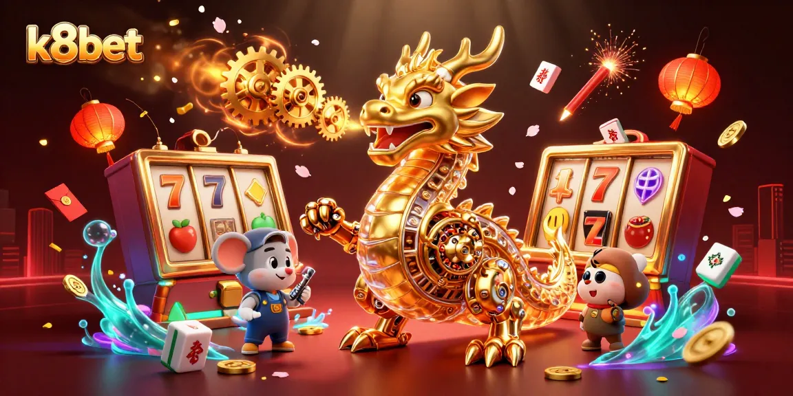 Experience thrilling slots with k8bet's vibrant games and rich rewards, set amidst a dynamic 3D illustration.
