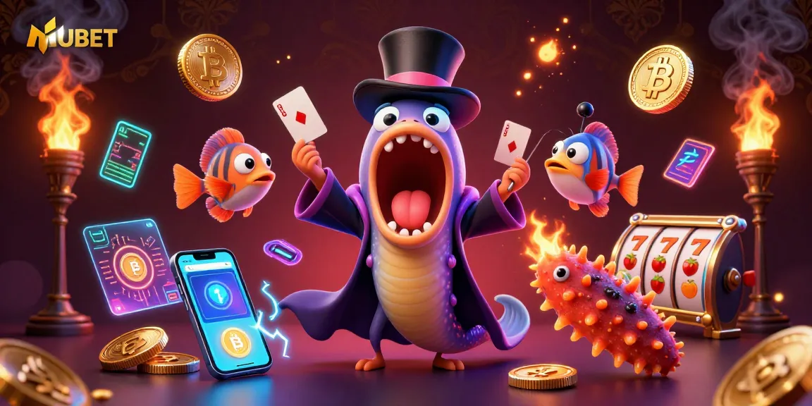 MUBET showcases an entertaining magic act with a glowing gulper eel and anglerfish amidst slot games and crypto coins.