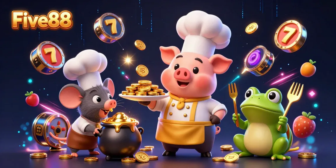Experience the excitement of Five88 with a festive scene showcasing a chef pig and jackpot elements.