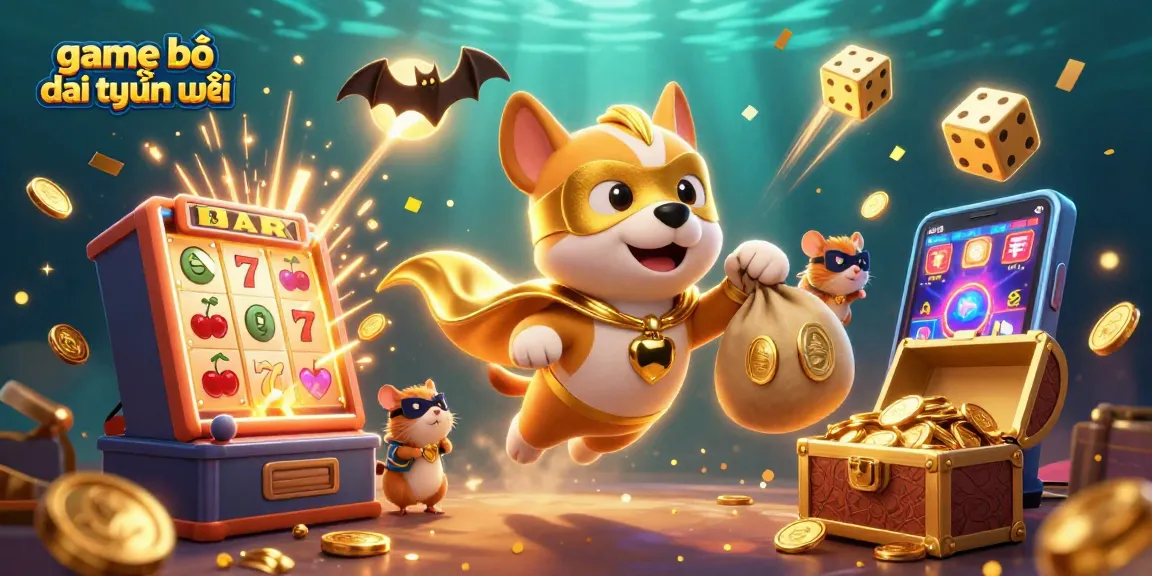 Engage in thrilling action with the superhero dog and hamster in this vibrant game bài đổi thưởng uy tín illustration, showcasing dynamic casino elements.