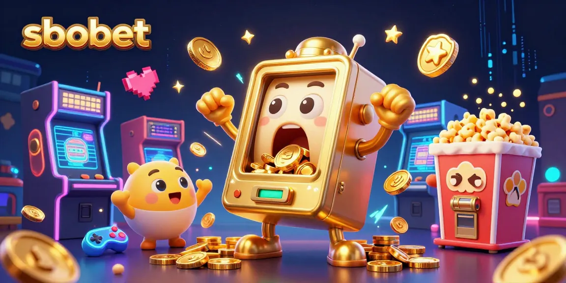 Win big with sbobet as a golden slot machine hits a jackpot surrounded by cheering baby slots.