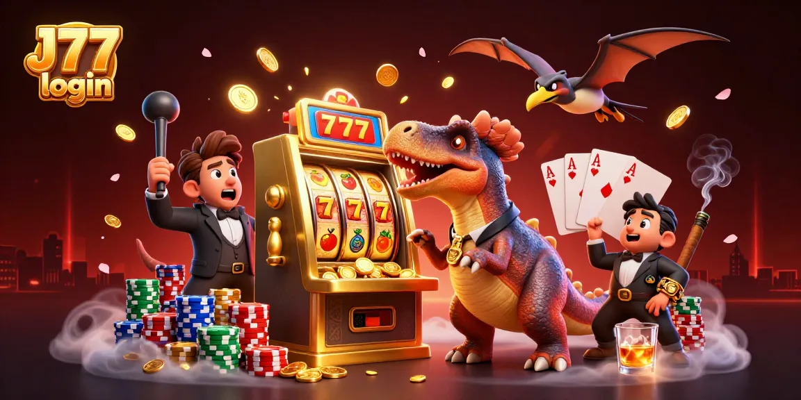 Experience a thrilling J77 login with a pachycephalosaurus striking a golden slot machine amidst a casino scene.