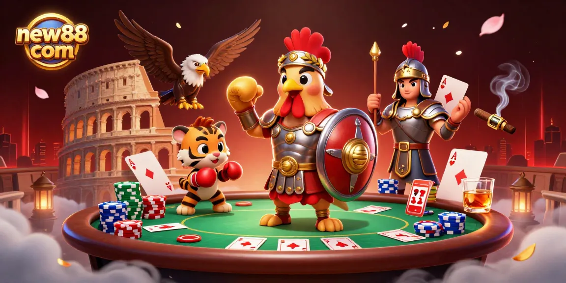 Experience thrilling moments at new88 com with a gladiator rooster in an intense poker showdown.
