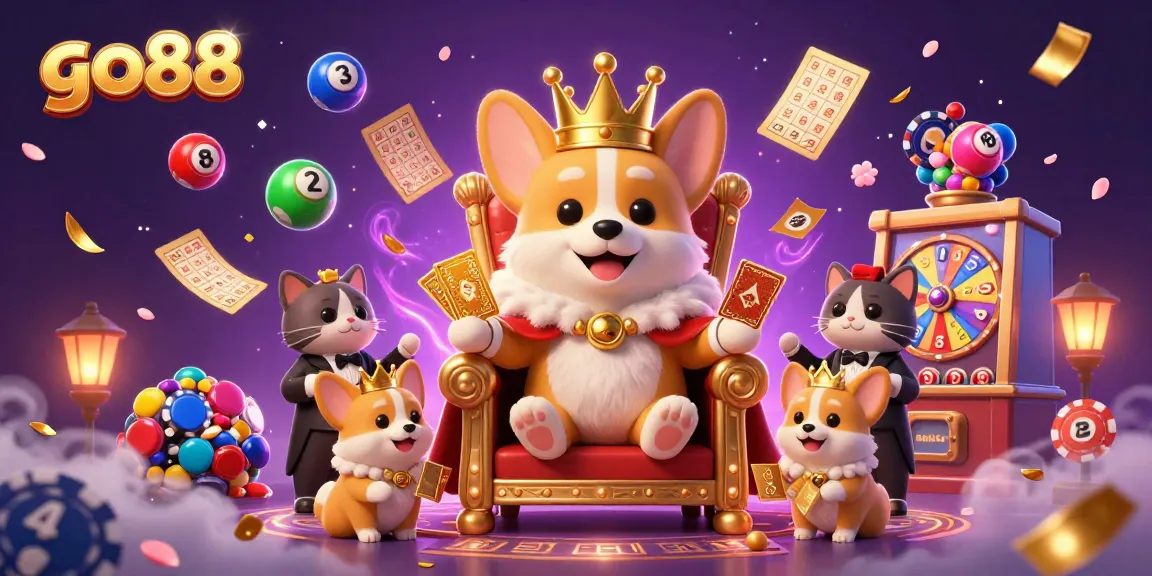 Join the excitement at go88 with this vibrant scene of a royal corgi surrounded by festive lottery elements and cinematic casino decor.