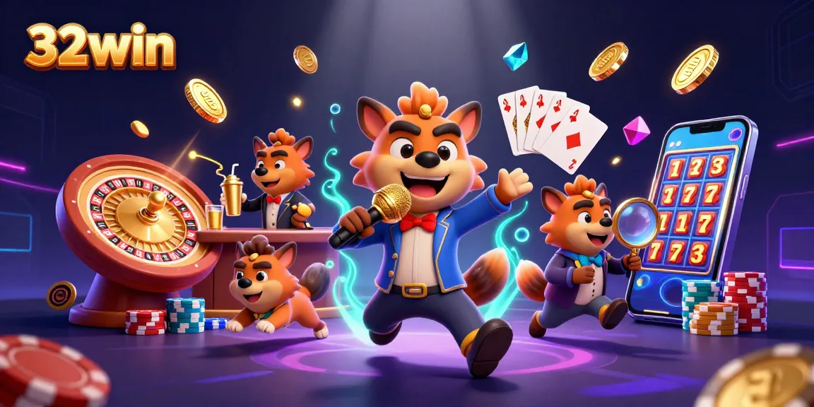 Engage with 32win at a vibrant comedy casino club filled with hyenas enjoying fun and games.