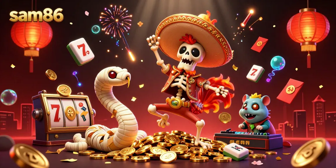 Experience thrilling gameplay at sam86 with a dynamic casino celebration, featuring vibrant characters and slot game elements.